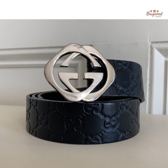 Authentic Gucci Black Monogram Leather Silver Interlocking Square G Belt 100/40 - Picture 12 of 13